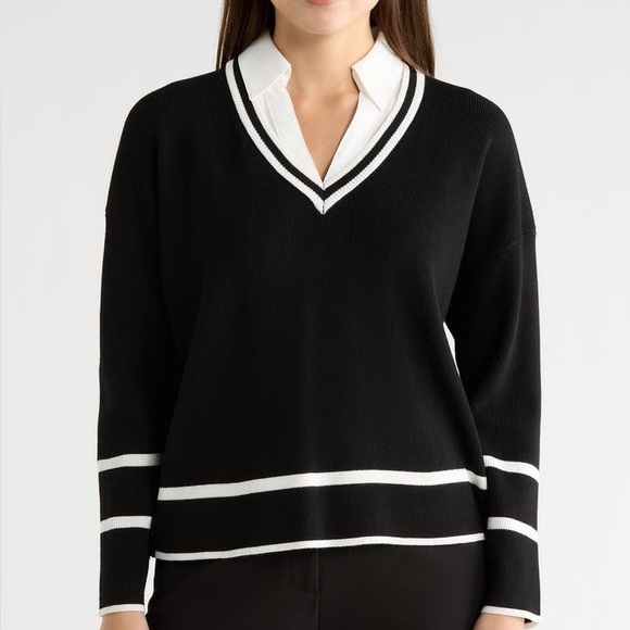 Adrianna Papell Sweaters - ADRIANNA PAPELL Black + White V-Neck Twofer Sweater Dress Shirt Combo Top XL
